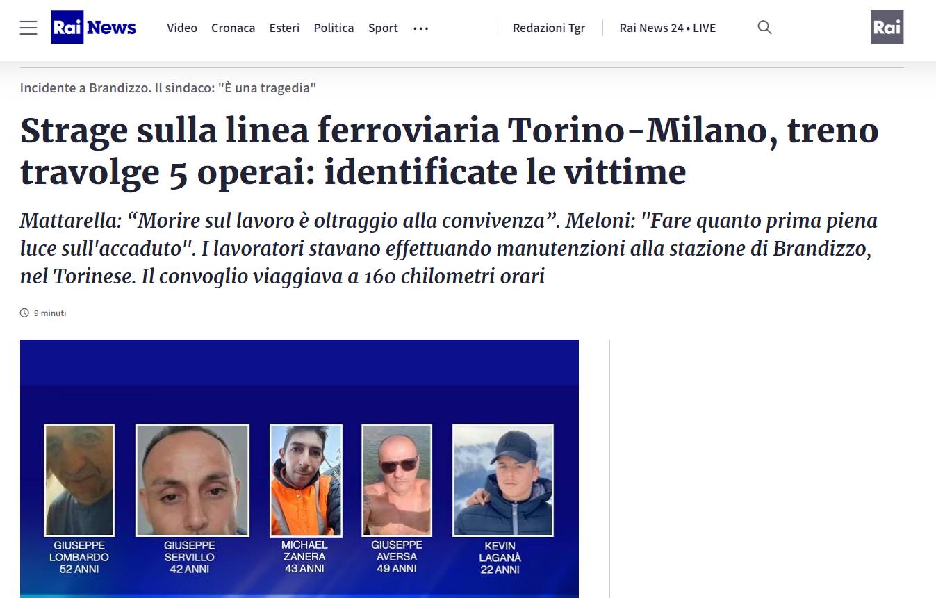 Incidente ferroviario sulla linea Torino - Milano, il segretario generale della Cisl Sicilia, Sebastiano Cappuccio: “Una strage inaccettabile che conferma la necessità di interventi urgenti e concreti in materia di sicurezza sul lavoro. Alle famiglie dei cinque operai, la nostra vicinanza e il nostro profondo cordoglio”